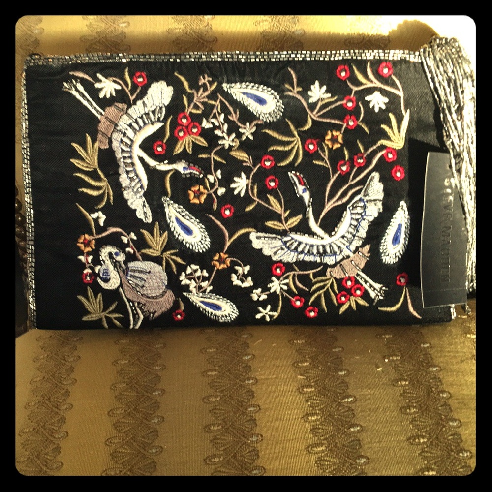 Black velvet embroidered clutch with tassel